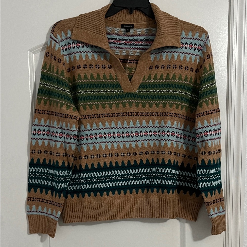 Talbots Women’s V-Neck Sweater in Brown, Green and light Blue Pattern Size XL